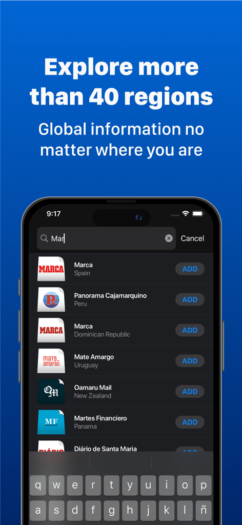 French Newspapers - Pantalla de smartphone que muestra la función de búsqueda global de la aplicación Periódicos franceses con varias fuentes de noticias internacionales listadas por región