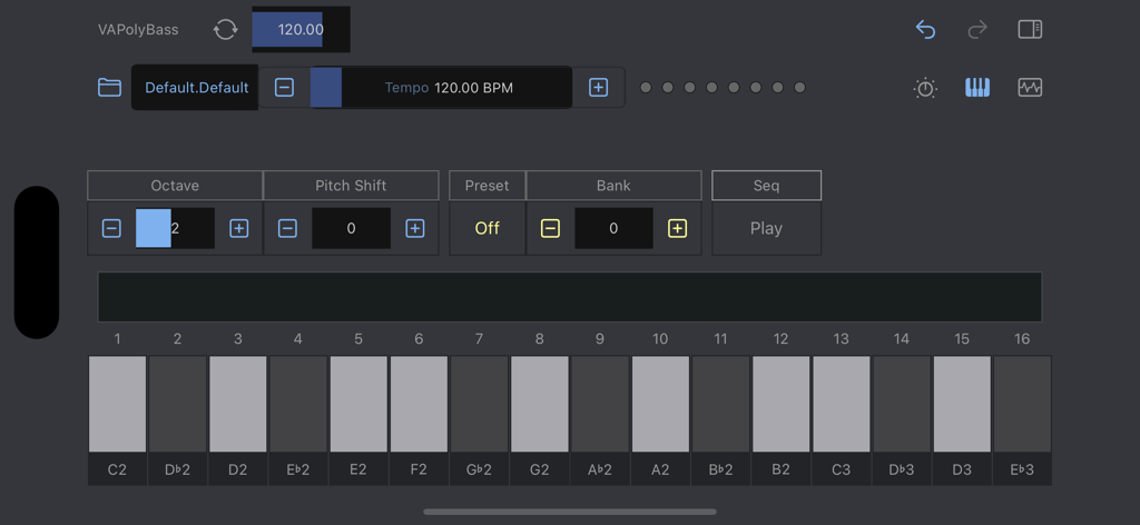 VAPolyBass - VAPolyBass mobile synthesizer interface with virtual piano keyboard and sequencer controls