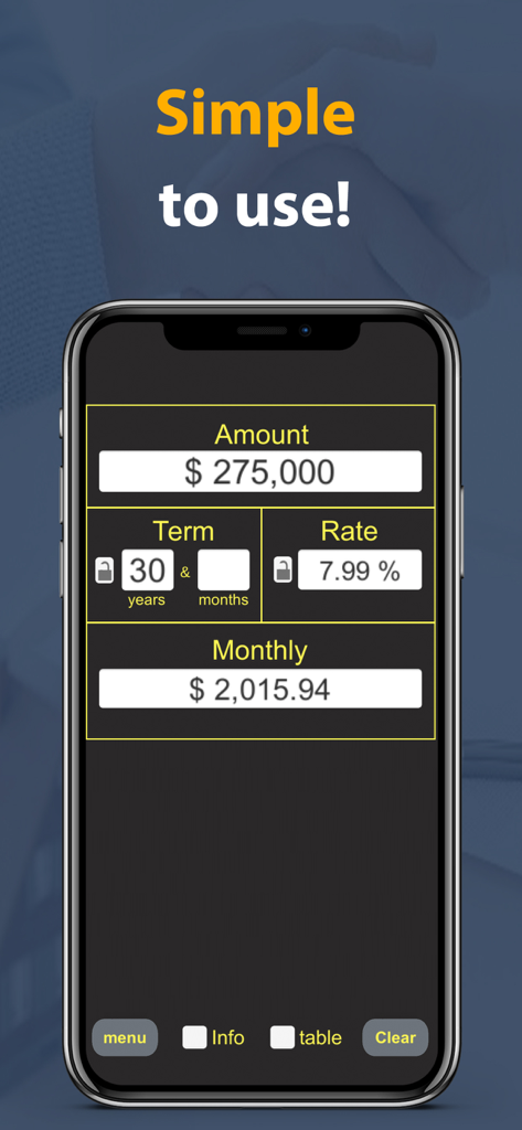 Loan Calculator $ - Interface of the Loan Calculator app displaying a monthly payment calculation for a mortgage.