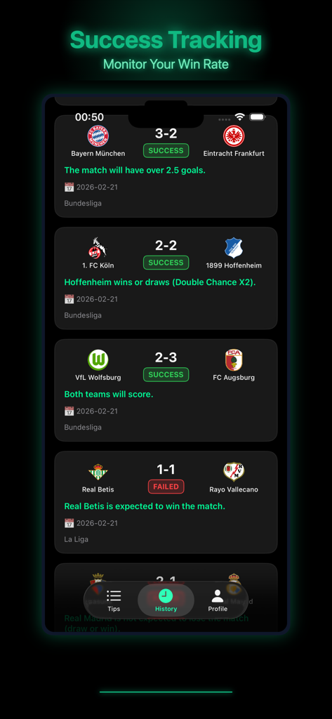 BetBrain - Ai Powered Tips - BetBrain app success tracking screen showing a history of AI football match predictions and their results