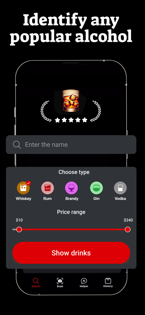 Search interface of the Whiskey ID app featuring spirit categories like whiskey and rum with a price range slider.