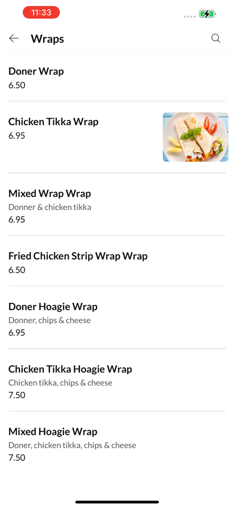 Menu screen of the Zaika Bistro app showing various wrap options including chicken tikka and doner wraps with prices