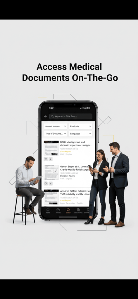 Medartis ONE App-Oberfläche mit durchsuchbaren medizinischen Dokumenten und Fallberichten für medizinisches Fachpersonal