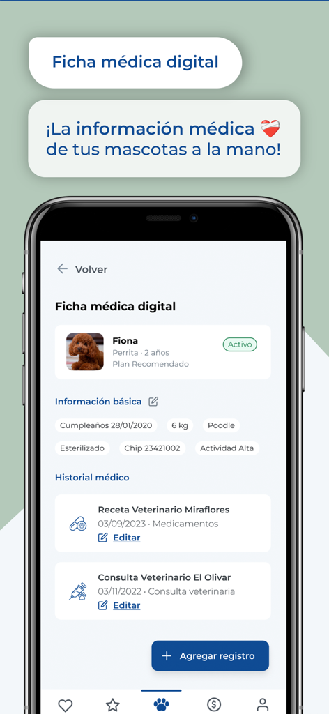 Pawer - Pawer app screenshot showing a digital medical record for a pet dog with health history and basic information
