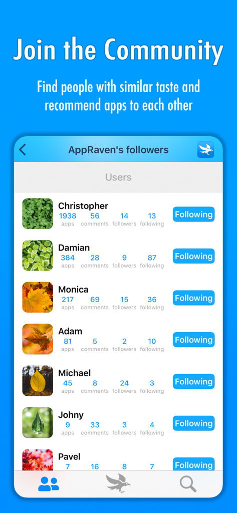 AppRaven-App-Community-Bildschirm mit Followern und Benutzerempfehlungen