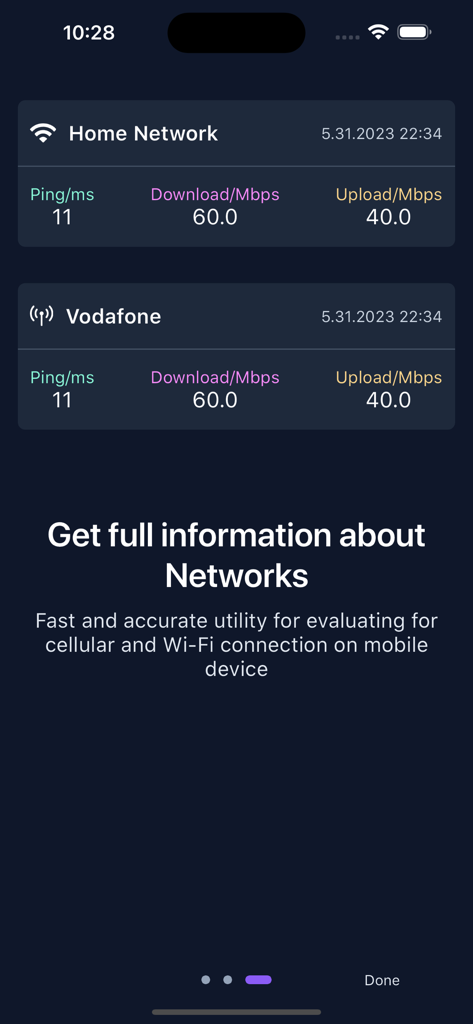 WiFi Connect: Internet & Speed - Interface showing internet speed test metrics for WiFi and cellular networks
