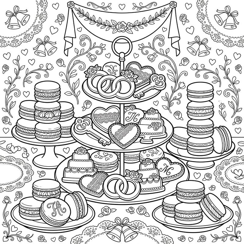 Immerse yourself in the sweet elegance of a wedding celebration with this enchanting coloring page. Discover an array of intricately designed cookies and macarons, beautifully adorned with charming wedding motifs and romantic details.
