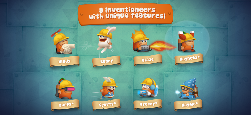 8人のInventioneersキャラクターのコレクション。彼らのユニークな物理ベースのパワーと名前を示しています。