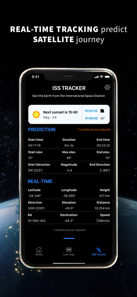 Staslink: Satellites Tracker - Interfaccia dell'app Staslink che mostra il tracciamento ISS in tempo reale e dati di previsione satellitare