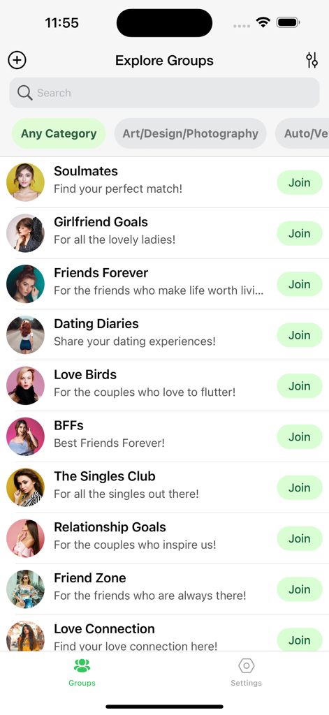 A mobile app screen displaying a list of WhatsApp groups to join categorized by social interests like friends dating and hobbies