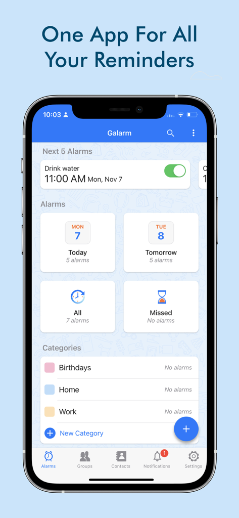 Galarm - Alarms and Reminders - The Galarm app interface on a smartphone showing upcoming alarms and reminder categories