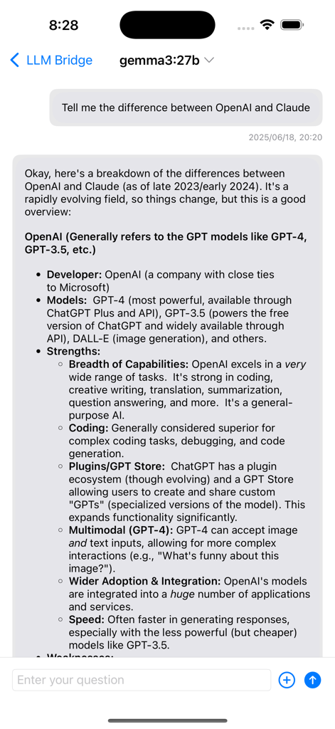 LLM Bridge - Multi LLM Client - A chat screen in the LLM Bridge app where the Gemma model provides a detailed comparison between OpenAI and Claude.