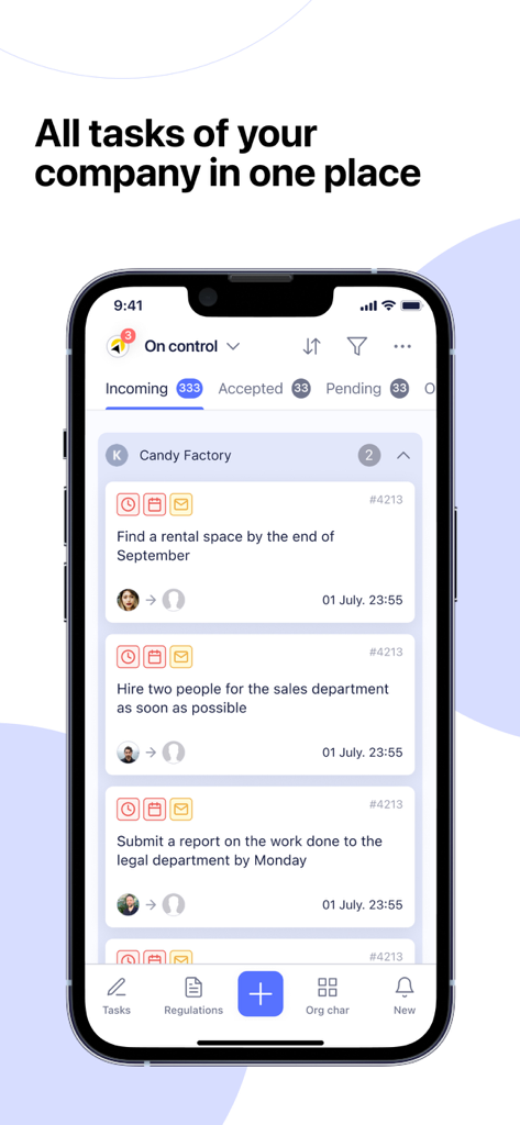 Pantalla de la aplicación Business Booster Platform mostrando una lista de tareas para las operaciones de la empresa en un iPhone