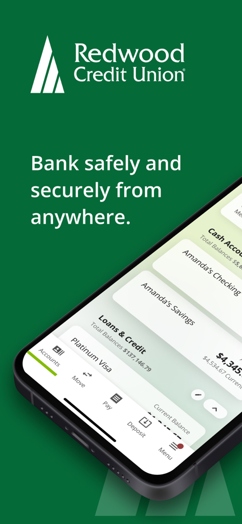 Redwood Credit Union mobile app screen displaying account balances and loan details