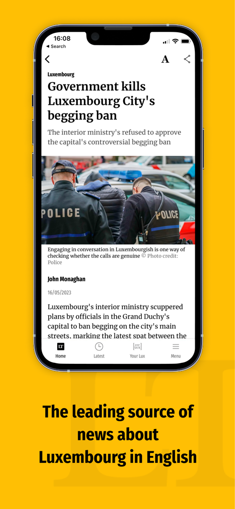 Luxembourg Times - ルクセンブルク・タイムズのモバイルアプリで、ルクセンブルク市に関する英語の記事が表示されています。