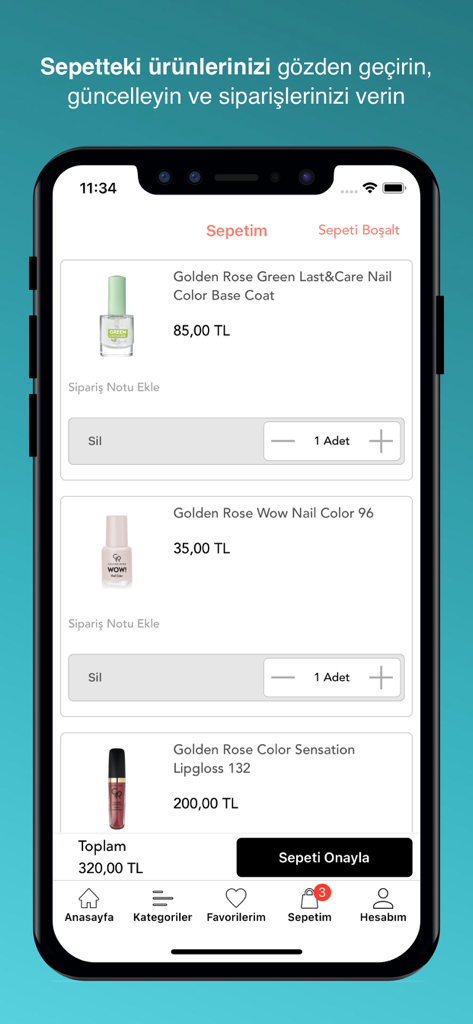 Golden Rose - Pantalla del carrito de compras de la aplicación móvil Golden Rose que muestra esmaltes de uñas y brillos labiales con el precio total en liras turcas.