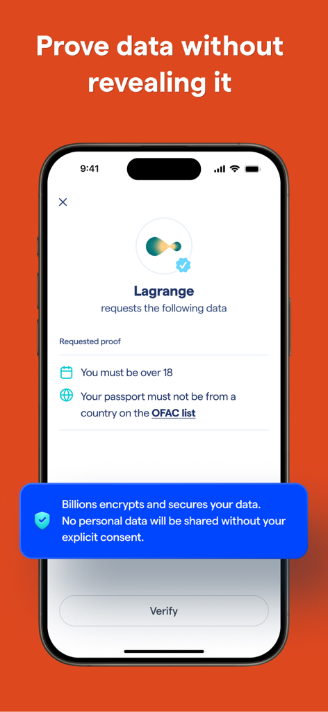 개인 데이터를 보호하는 안전한 신원 확인 요청을 보여주는 Billions 앱 인터페이스.