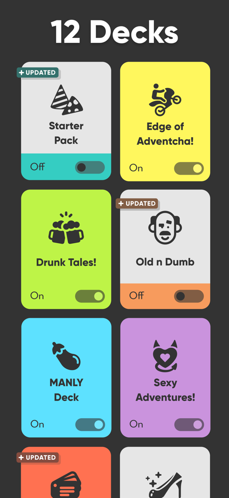 Selection menu of various party game decks in the Never Ever Dirty Adult app