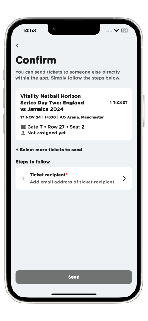 The ticket transfer confirmation screen within the England Netball Tickets app