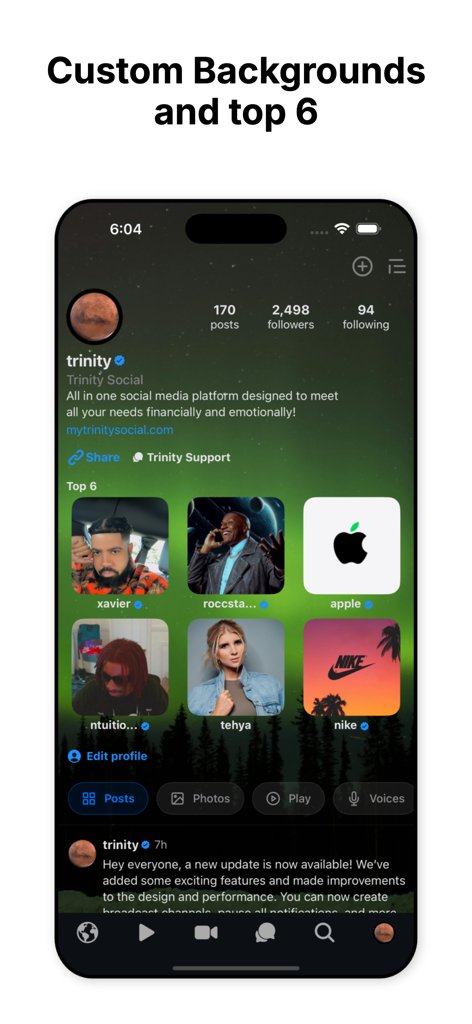 Trinity Social - Trinity Social user profile showing a custom background and top six list of creators and brands.