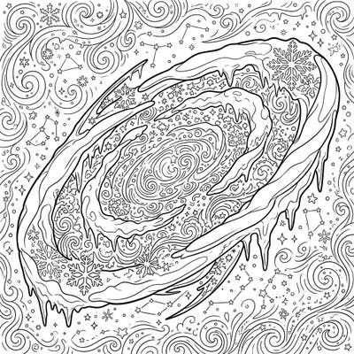 Journey to a breathtaking celestial scene where an elliptical galaxy transforms into a frosty winter wonderland. This unique coloring page invites you to explore intricate details of ice, snow, and cosmic swirls.