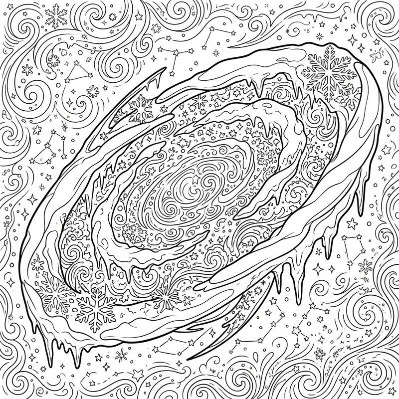 Journey to a breathtaking celestial scene where an elliptical galaxy transforms into a frosty winter wonderland. This unique coloring page invites you to explore intricate details of ice, snow, and cosmic swirls.