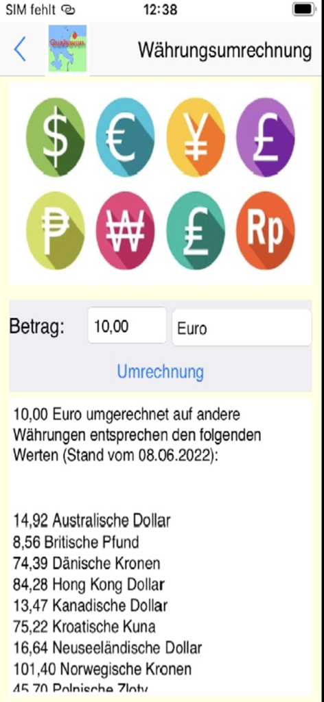Cuxhaven App für den Urlaub - Currency conversion interface for travelers in the Cuxhaven app