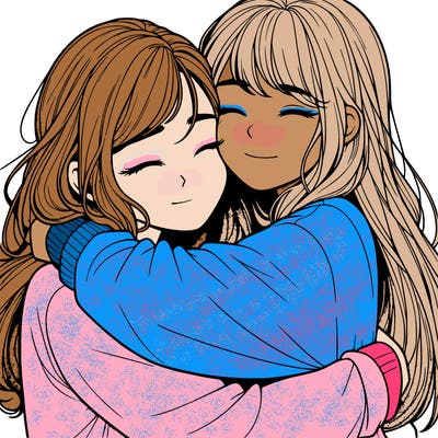 realistic two girls hugging