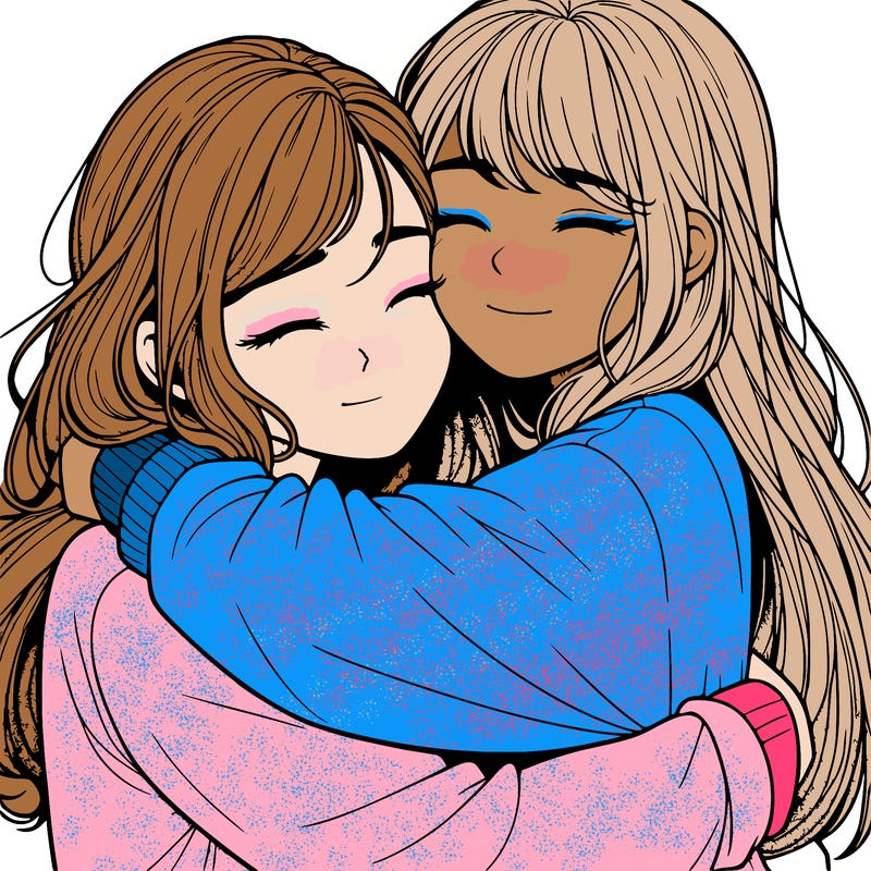 realistic two girls hugging
