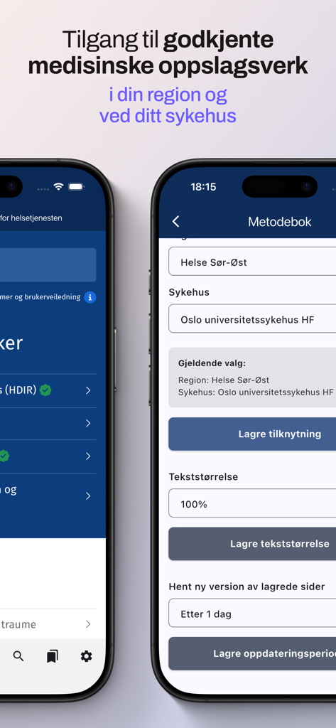 Metodebok Nett - Metodebok Nettアプリのインターフェース。地域と病院の選択設定、文字サイズ、更新頻度のオプションが表示されています。