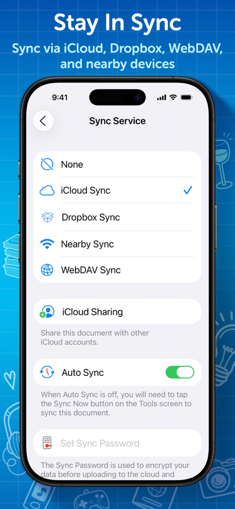 Configurações de serviço de sincronização no Tap Forms Pro mostrando opções de sincronização iCloud, Dropbox e WebDAV.