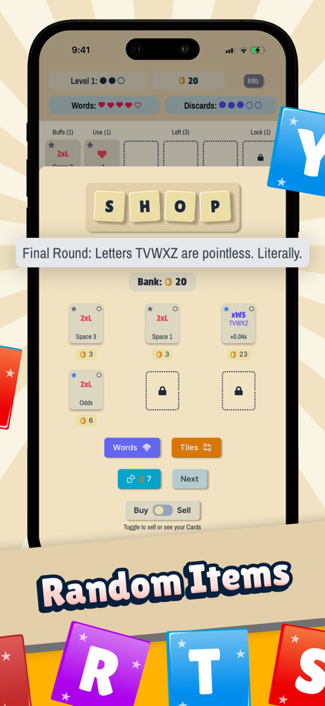In-game shop screen for Letterlike featuring random item upgrades for a roguelike word game