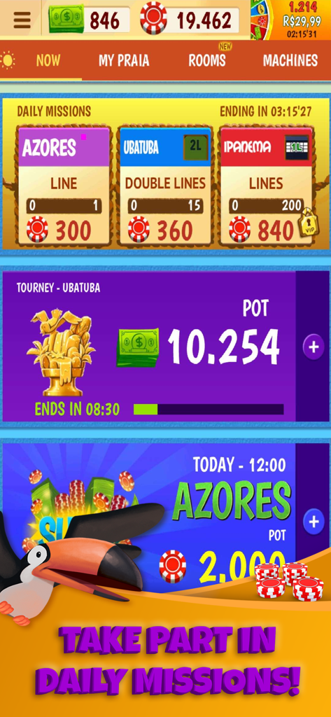 Praia Bingo: Bingo Online - Pantalla de la aplicación Praia Bingo mostrando misiones diarias, botes de torneos y localizaciones de playas tropicales