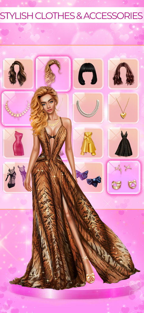 Celebrity Fashion Show Games - Una glamurosa supermodelo con un vestido largo con estampado de tigre con varias opciones de peinado y joyería.