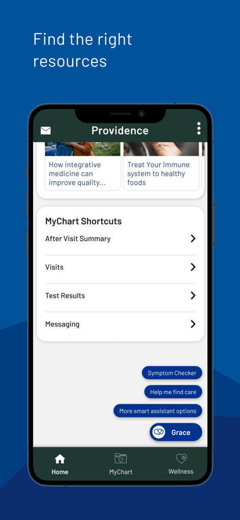 Providence - Providence app interface showing healthcare resources and MyChart shortcuts