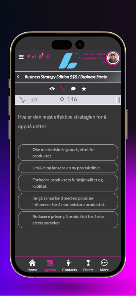 Experience live - Interfaz de la aplicación Experience live que muestra un cuestionario gamificado de estrategia corporativa para la capacitación de empleados