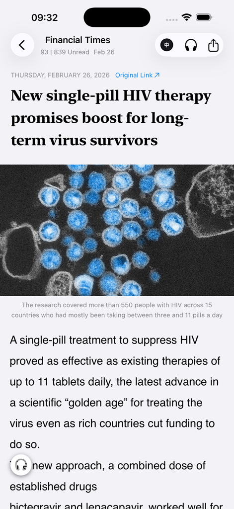 A news article from Financial Times displayed within the ONews mobile app interface.