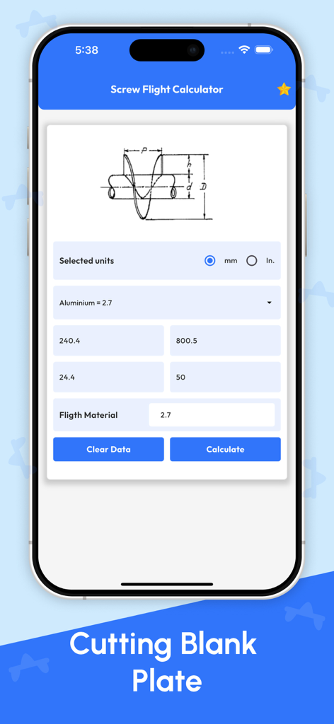 Interfaz de la aplicación Calculadora de Hélice de Tornillo con campos de entrada y diagrama técnico para fabricación