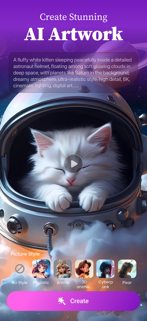 Pollo Max: AI ASMR Video Maker - Pollo Max app interface showing an AI generated kitten in an astronaut helmet