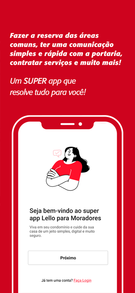 Lello para Moradores - Welcome screen for the Lello residents app featuring a friendly illustration and introductory text about residential management services.