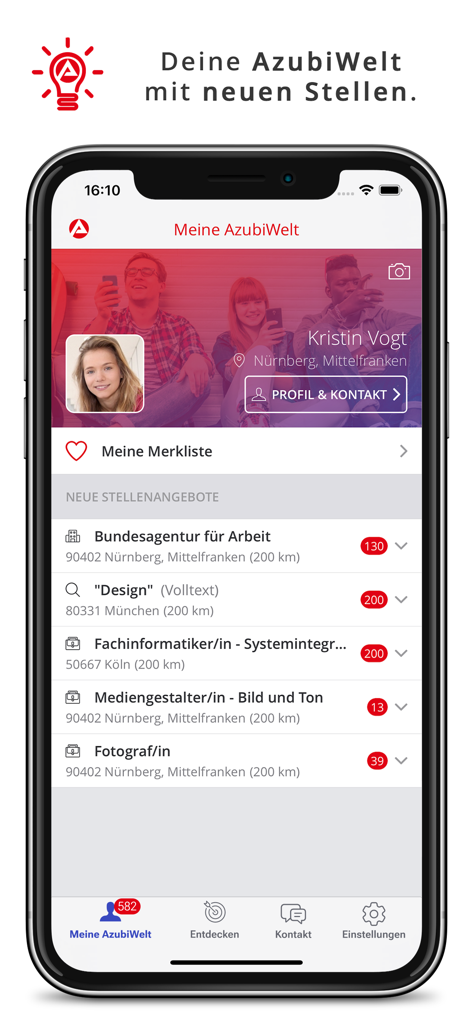 AzubiWelt - The AzubiWelt app user profile screen showing personalized apprenticeship recommendations and job search results.