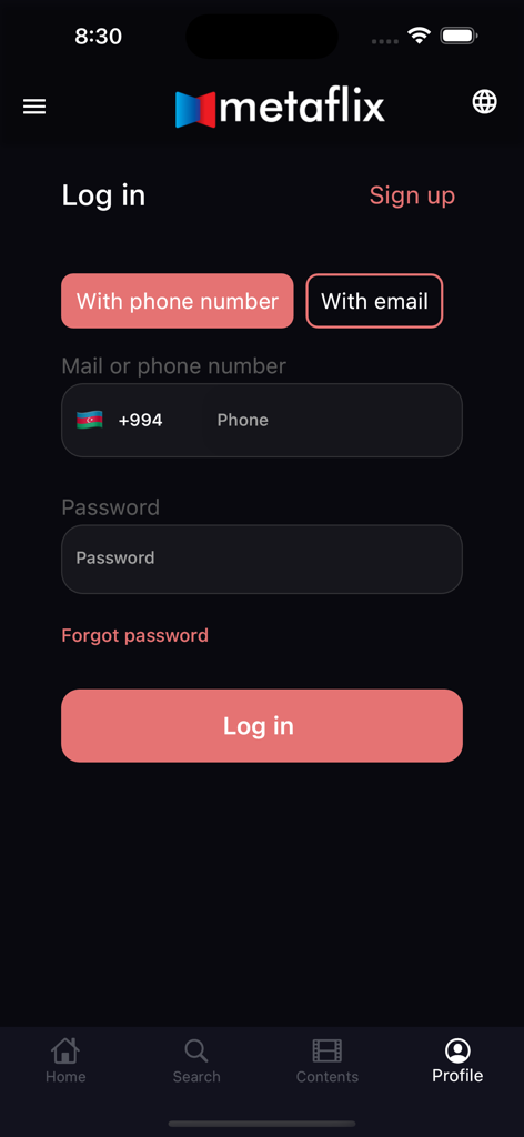 Metaflix - Page de connexion de l'application Metaflix avec des options pour se connecter via numéro de téléphone ou e-mail