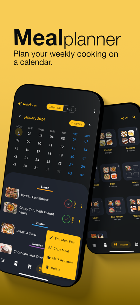 Grocery AI - Grocery AI app meal planner interface showing a calendar with scheduled lunch and dinner recipes