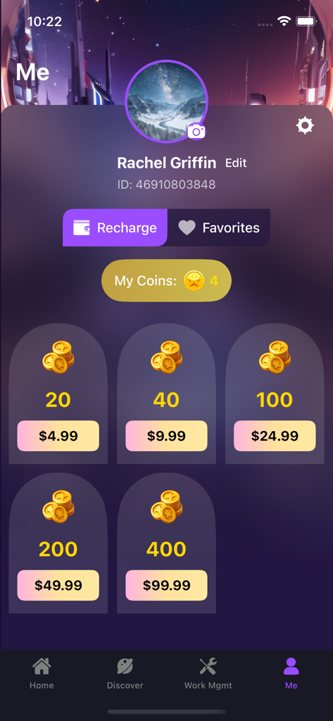 Interfaz de la tienda de monedas y perfil de la aplicación AI Tempt para comprar créditos