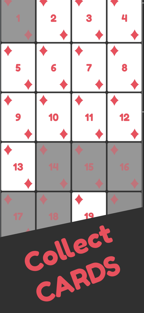 A grid of numbered cards with red diamonds from the game Idle Dice 2 with the text collect cards at the bottom