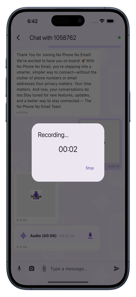 NoPhone NoEmail - A mobile interface of the NoPhone NoEmail app showing a secure chat screen with a voice message recording popup active