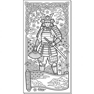 Color a mighty Samurai Warrior bookmark, adorned with intricate Japanese patterns. This engaging design offers a perfect creative challenge for fans of history and art.