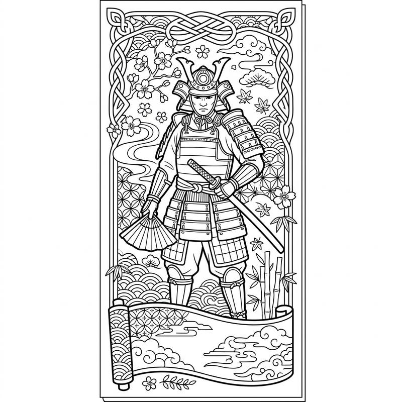 Color a mighty Samurai Warrior bookmark, adorned with intricate Japanese patterns. This engaging design offers a perfect creative challenge for fans of history and art.