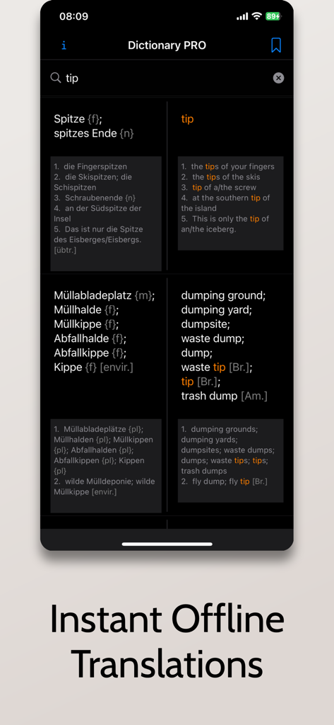 German English Dictionary app displaying instant offline translations and word usage examples for the search term tip.