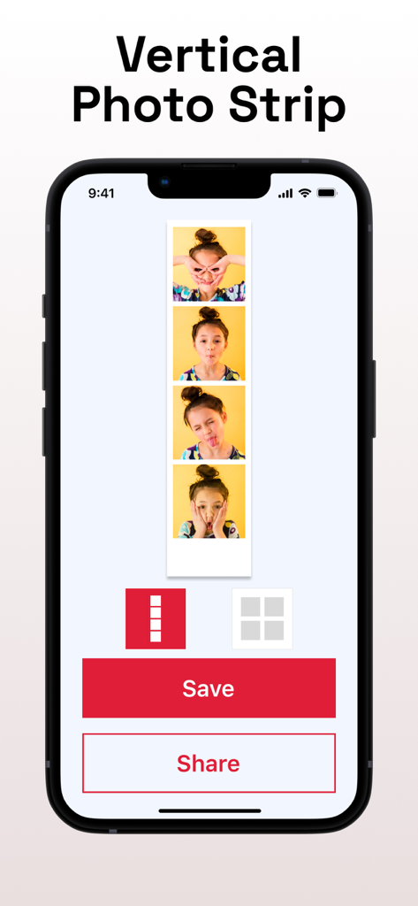 Schermata iPhone che mostra un collage a striscia verticale da cabina fotografica con quattro foto sequenziali di una giovane ragazza che fa facce buffe.